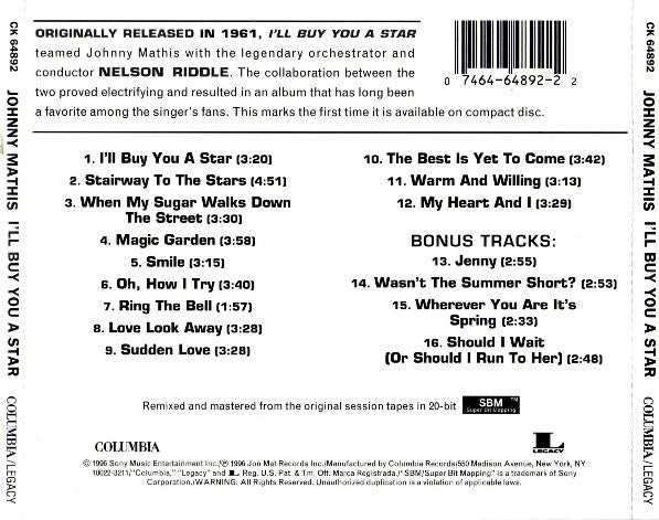 Johnny Mathis ,With Nelson Riddle And His Orchestra : I'll Buy You A Star (CD, Album, RE, RM)