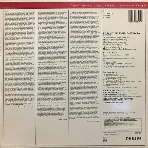 Mendelssohn*, Arleen Auger · Ann Murray · The Ambrosian Singers, Philharmonia Orchestra · Neville Marriner* : A Midsummer Night's Dream (Complete) (LP)