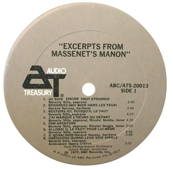 Beverly Sills, Nicolai Gedda, Gerard Souzay*, Gabriel Bacquier -- Massenet* : New Philharmonia Orchestra, Julius Rudel : "Excerpts From Massenet's Manon" (LP)