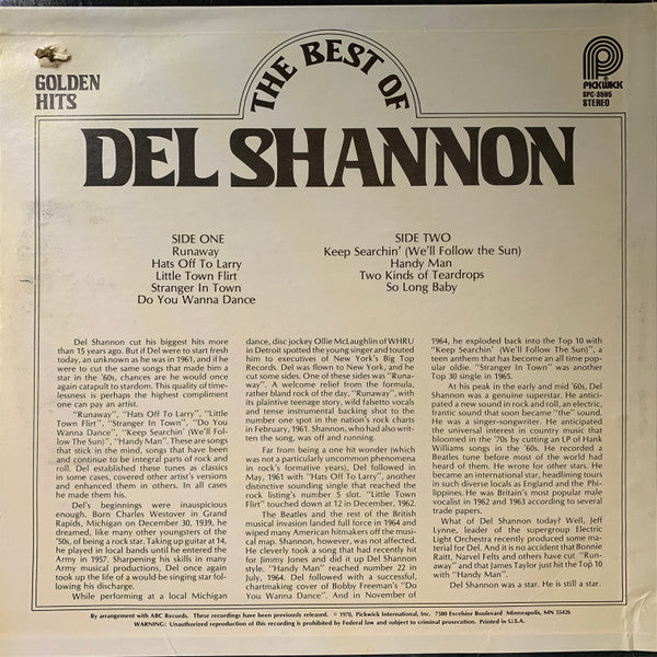 Del Shannon : Golden Hits/The Best Of Del Shannon (LP, Comp)