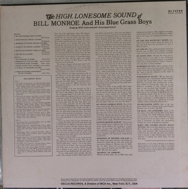 Bill Monroe And His Blue Grass Boys* : The High Lonesome Sound (LP, Comp, Glo)