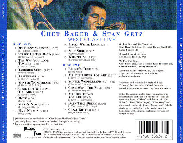 Chet Baker & Stan Getz : West Coast Live (2xCD, Comp)