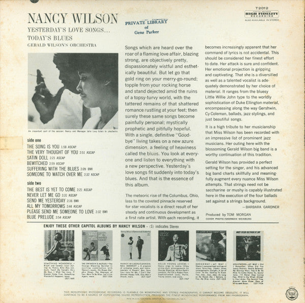 Nancy Wilson / Gerald Wilson's Orchestra* : Yesterday's Love Songs • Today's Blues (LP, Album, Mono)