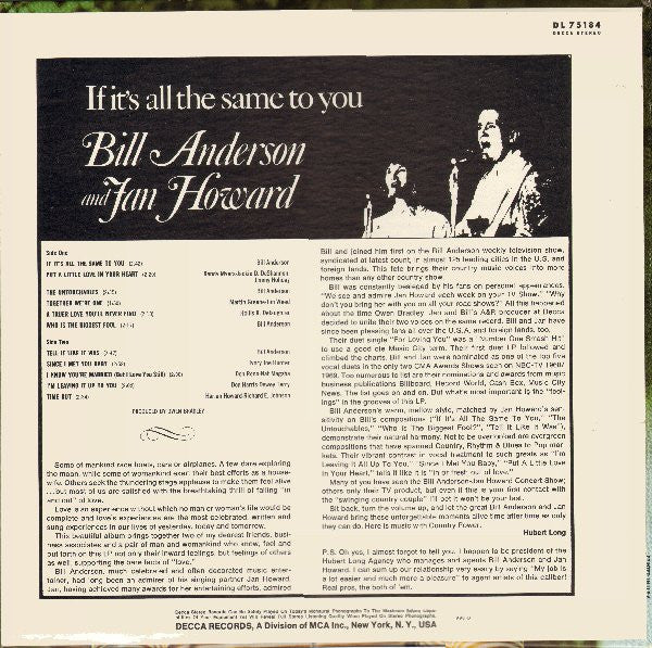 Bill Anderson And Jan Howard* : If It's All The Same To You (LP, Album, Pin)