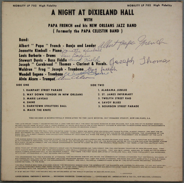 Albert "Papa" French And His New Orleans Jazz Band* : A Night At Dixieland Hall (LP, Album, Mono)