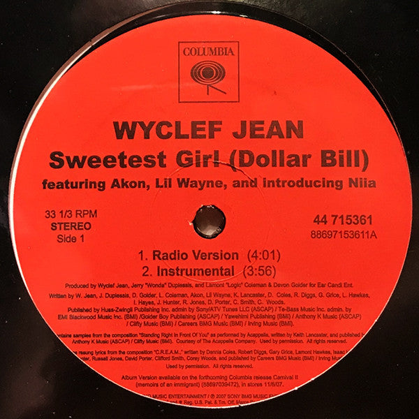Wyclef Jean Featuring Akon, Lil Wayne And Introducing Niia : Sweetest Girl (Dollar Bill) (12")