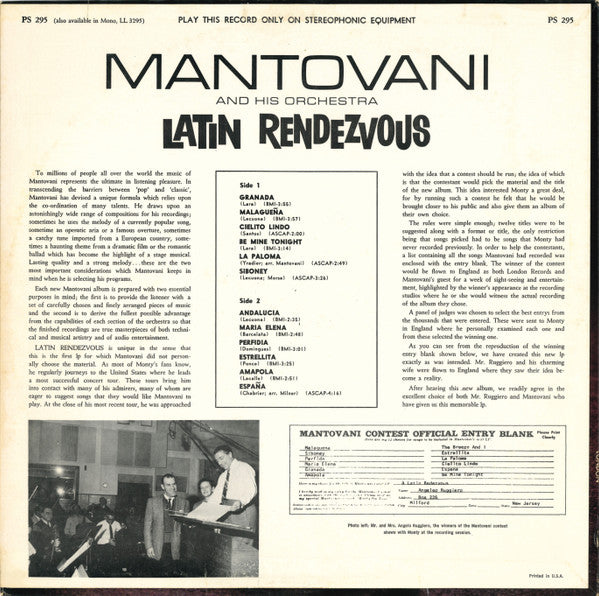 Mantovani And His Orchestra : Latin Rendezvous (LP)