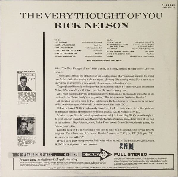Rick Nelson* : The Very Thought Of You (LP, Album, Glo)