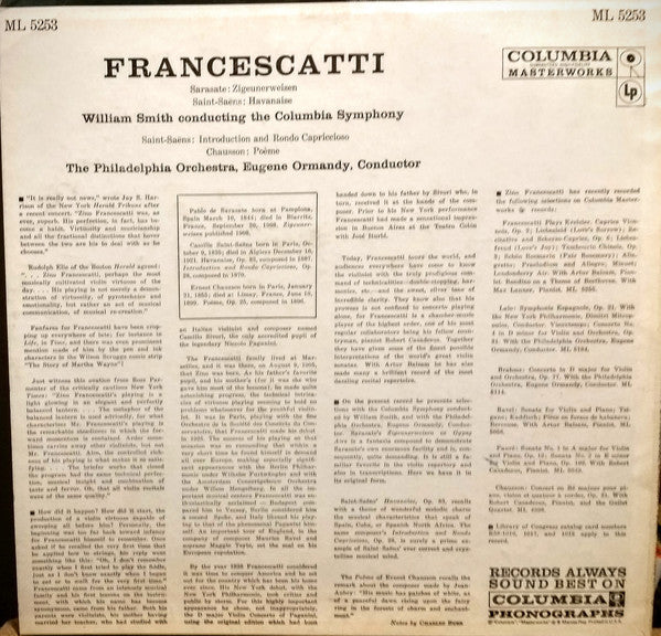 Francescatti* ; The Philadelphia Orchestra, Eugene Ormandy - Sarasate* / Saint-Saëns* / Chausson* : Zigeunerweisen · Havanaise · Introduction And Rondo Capiccioso · Poème (LP, Mono)