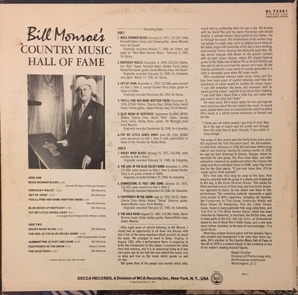 Bill Monroe : Bill Monroe's Country Music Hall Of Fame (LP, Album, Comp, Pin)