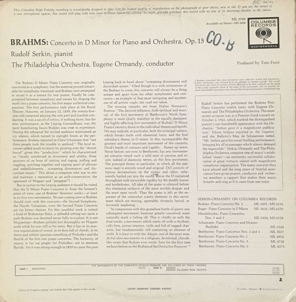 Rudolf Serkin / Eugene Ormandy Conducts The Philadelphia Orchestra / Brahms* : Piano Concerto No.1 In D Minor (LP, Mono)