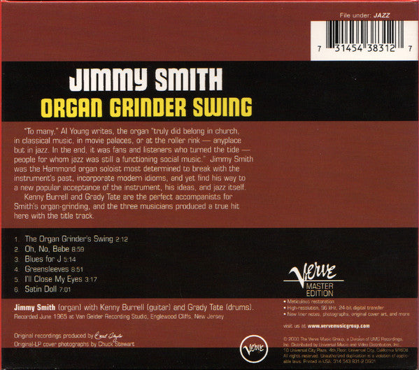 The Incredible Jimmy Smith* Featuring Kenny Burrell And Grady Tate : Organ Grinder Swing (CD, Album, RM, Dig)