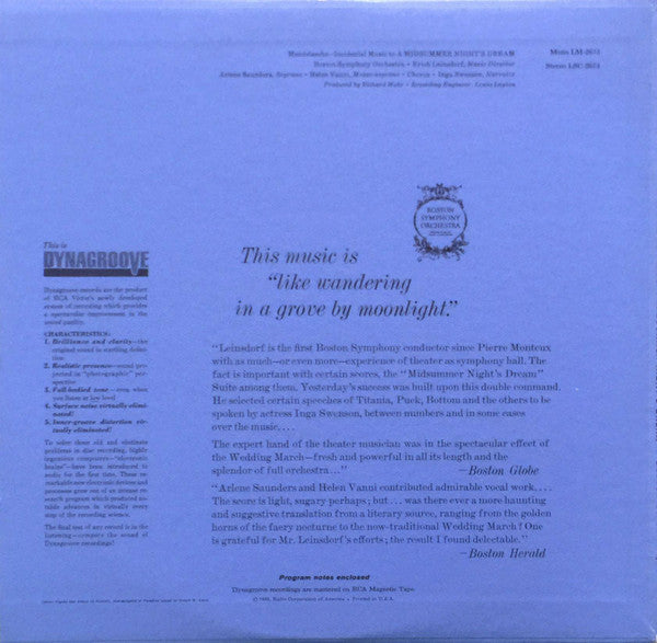 Mendelssohn*, Boston Symphony Orchestra / Erich Leinsdorf : Incidental Music To A Midsummer Night's Dream (LP, Album)