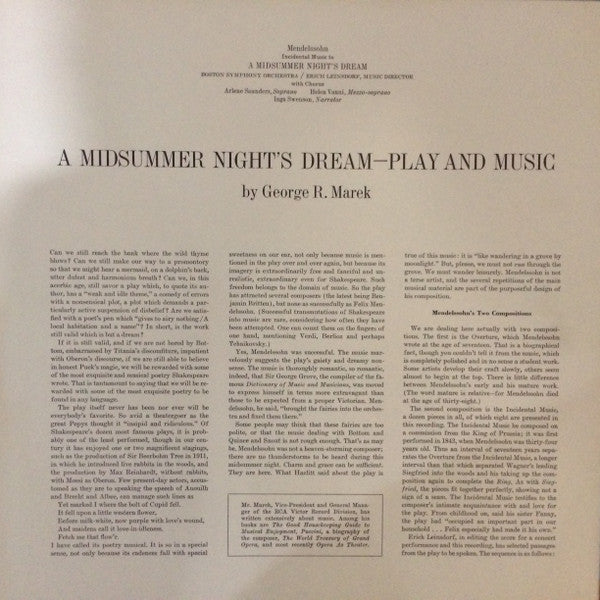 Mendelssohn*, Boston Symphony Orchestra / Erich Leinsdorf : Incidental Music To A Midsummer Night's Dream (LP, Album)