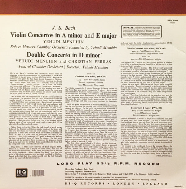 Bach* / Yehudi Menuhin with Christian Ferras, Robert Masters Chamber Orchestra : Violin Concertos (LP, RE, 180)