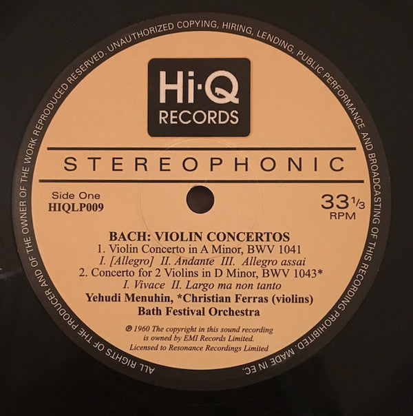 Bach* / Yehudi Menuhin with Christian Ferras, Robert Masters Chamber Orchestra : Violin Concertos (LP, RE, 180)