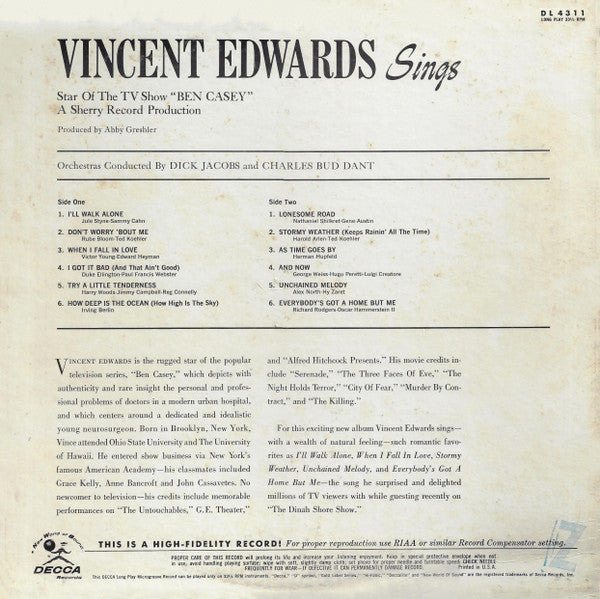 Vincent Edwards* : Vincent Edwards Sings (LP, Album, Mono)