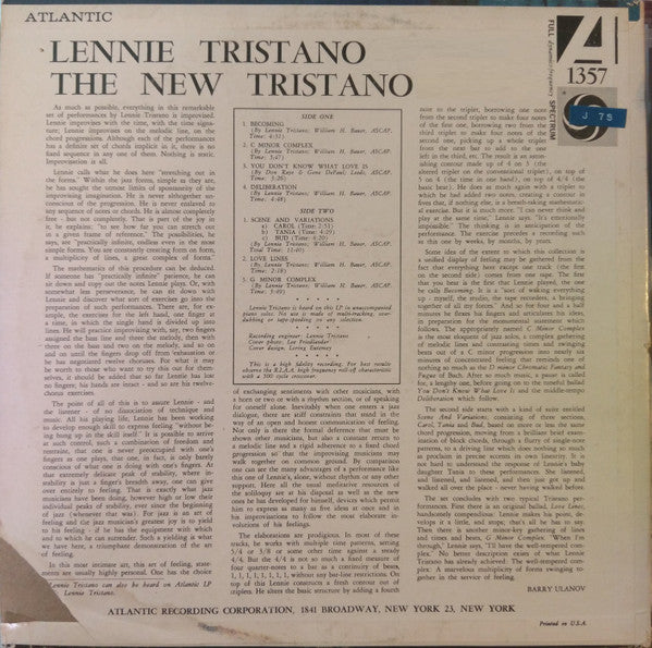Lennie Tristano : The New Tristano (LP, Album, Mono)