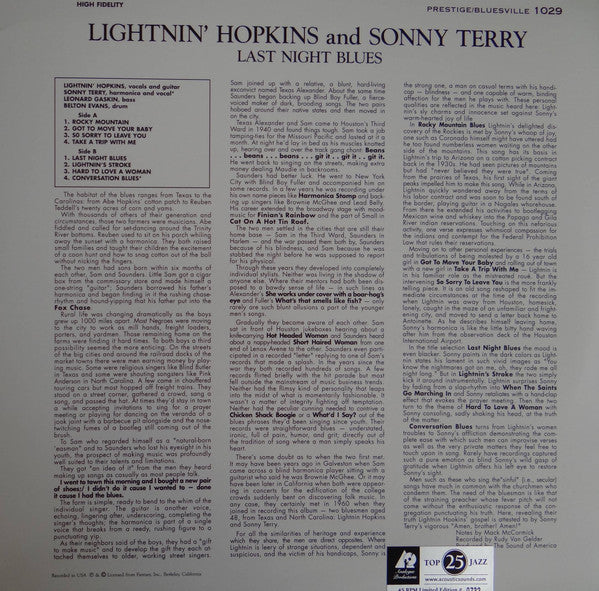 Lightnin' Hopkins With Sonny Terry : Last Night Blues (2x12", Album, Ltd, Num, RE, RM, 180)