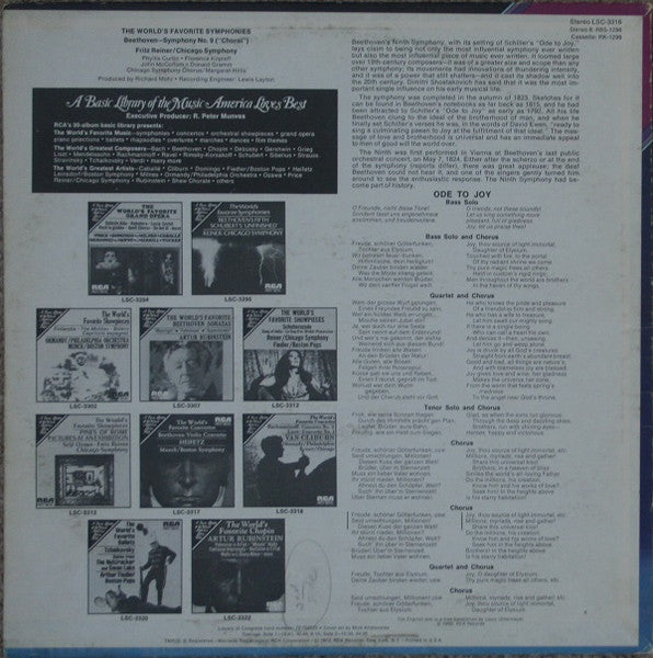 Beethoven*, Chicago Symphony*, Fritz Reiner, Phyllis Curtin, Florence Kopleff, John McCollum, Donald Gramm, Margaret Hillis : The World's Favorite Symphonies: Beethoven Symphony No. 9 In D Minor, Op. 125 ("Choral") (LP)