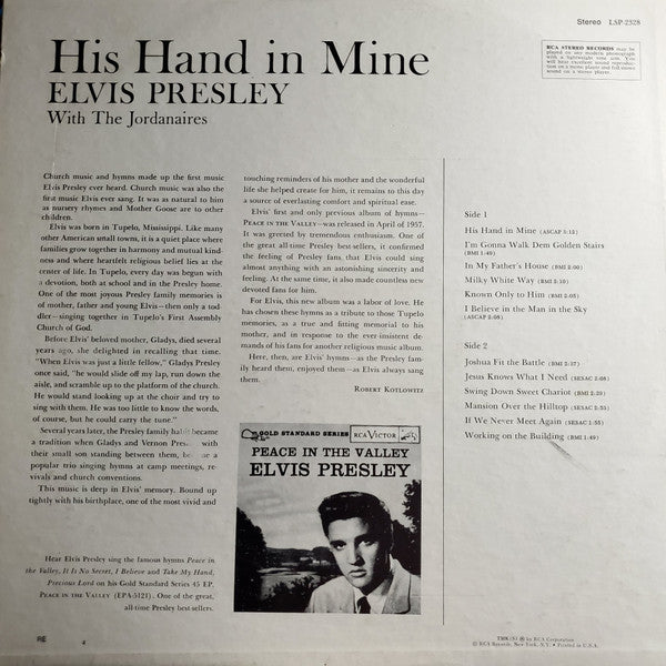 Elvis Presley : His Hand In Mine (LP, Album, RE, Ind)