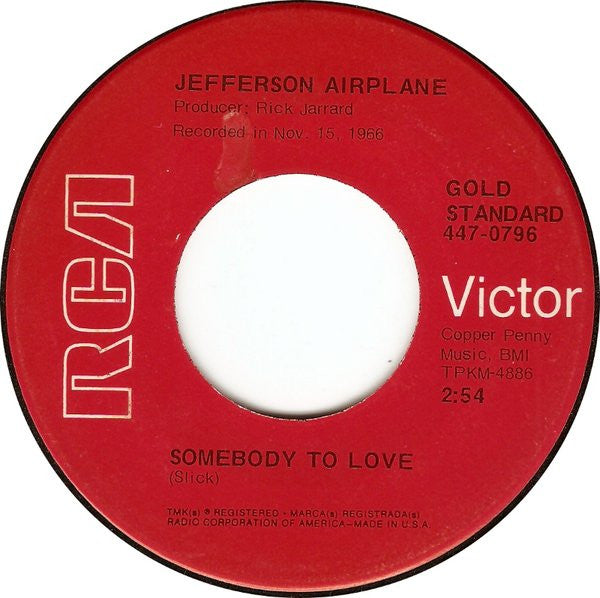 Jefferson Airplane : White Rabbit / Somebody To Love (7", Single, RE)