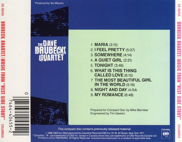 The Dave Brubeck Quartet : Plays Music From West Side Story And... (CD, Comp, RM)