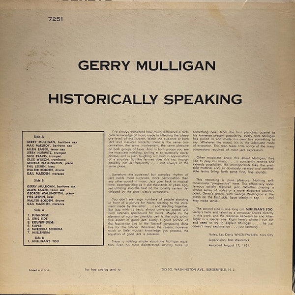 Gerry Mulligan : Historically Speaking (LP, Comp, Mono, RE)