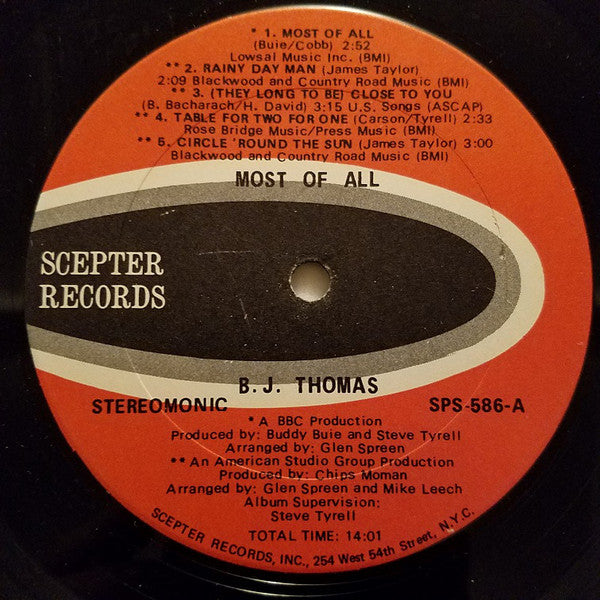 B.J. Thomas : Most Of All (LP, Album, Gat)