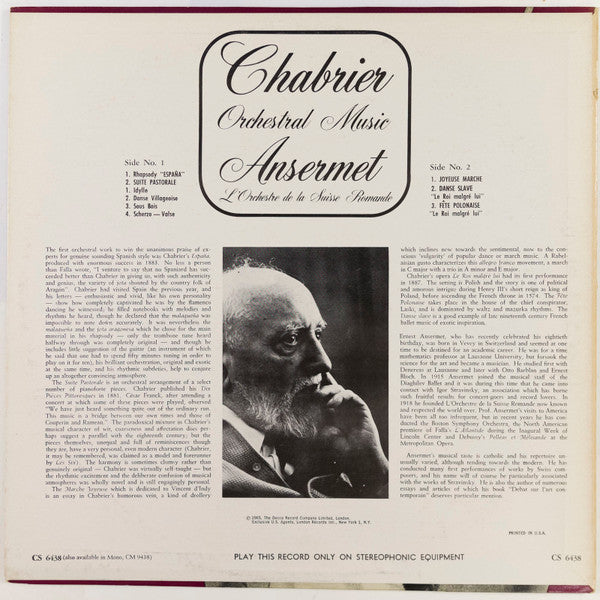 Chabrier*, Ansermet*, L'Orchestre De La Suisse Romande : Orchestral Music  (LP, Album)