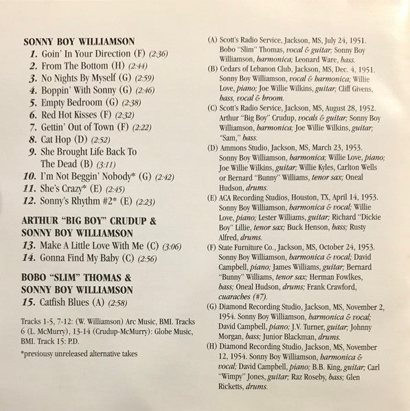 Sonny Boy Williamson (2) With Arthur "Big Boy" Crudup, Willie Love (2) & Bobo "Slim" Thomas* : Goin' In Your Direction (CD, Comp, RE)