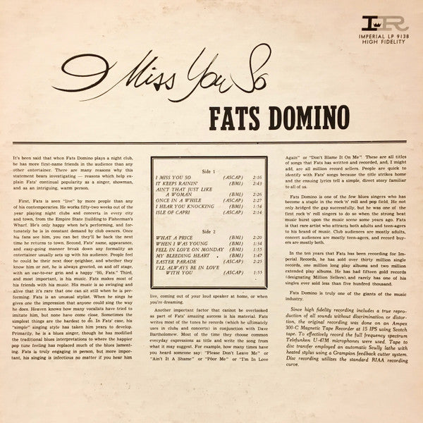 Fats Domino : I Miss You So (LP, Album, Mono)