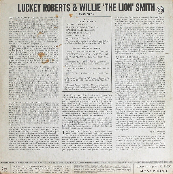 Luckey Roberts* & Willie 'The Lion' Smith* : Luckey & The Lion: Harlem Piano Solos By Luckey Roberts & Willie 'The Lion' Smith (LP, Album, Mono)
