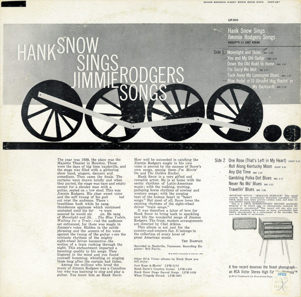 Hank Snow : Hank Snow Sings Jimmie Rodgers Songs (LP, Album, Ind)