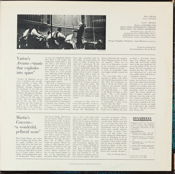 Chicago Symphony Orchestra, Jean Martinon, Varèse* / Martin* : Arcana / Concerto For Seven Wind Instruments, Timpani, Percussion And String Orchestra (LP, Album)