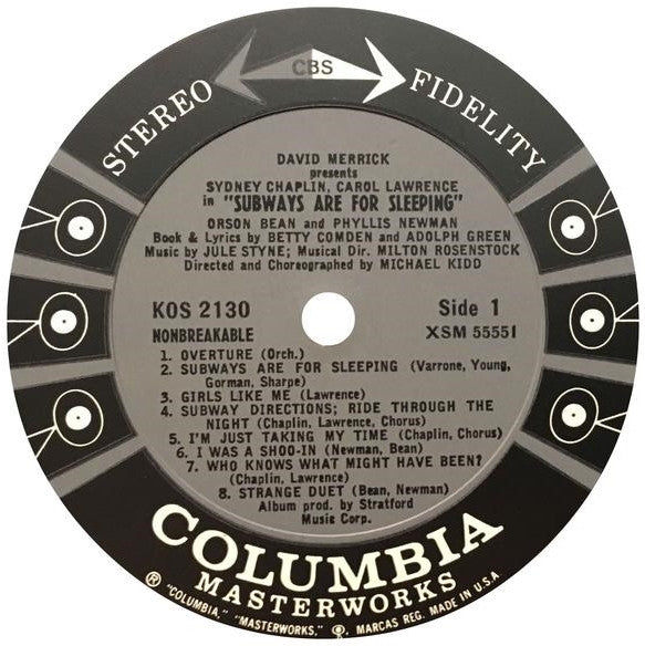 Jule Styne , Lyrics By Betty Comden And  Adolph Green / Featuring Sydney Chaplin, Carol Lawrence, Orson Bean , Presented By David Merrick (2) : Subways Are For Sleeping (Original Broadway Cast Recording) (LP, Album, Pit)