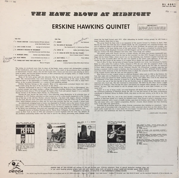 Erskine Hawkins Quintet : The Hawk Blows At Midnight (LP, Mono, Promo, Pin)