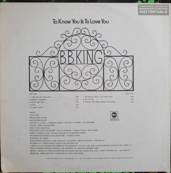 B.B. King : To Know You Is To Love You (LP, Album, Promo)