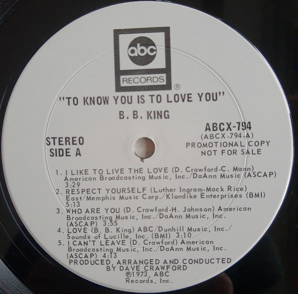 B.B. King : To Know You Is To Love You (LP, Album, Promo)