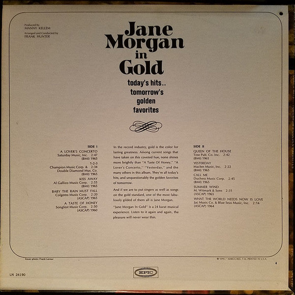 Jane Morgan : Jane Morgan In Gold Today's Hits...Tomorrow's Golden Favorites (LP, Mono)