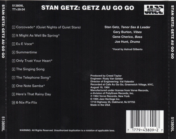 The New Stan Getz Quartet Featuring Astrud Gilberto : Getz Au Go Go (CD, Album, RE)