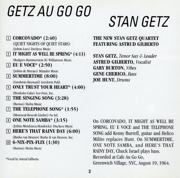 The New Stan Getz Quartet Featuring Astrud Gilberto : Getz Au Go Go (CD, Album, RE)