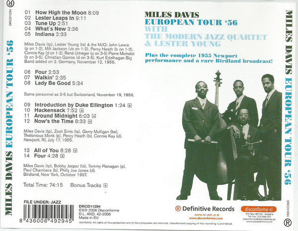 Miles Davis With The Modern Jazz Quartet & Lester Young : European Tour '56 With The Modern Jazz Quartet & Lester Young (CD)