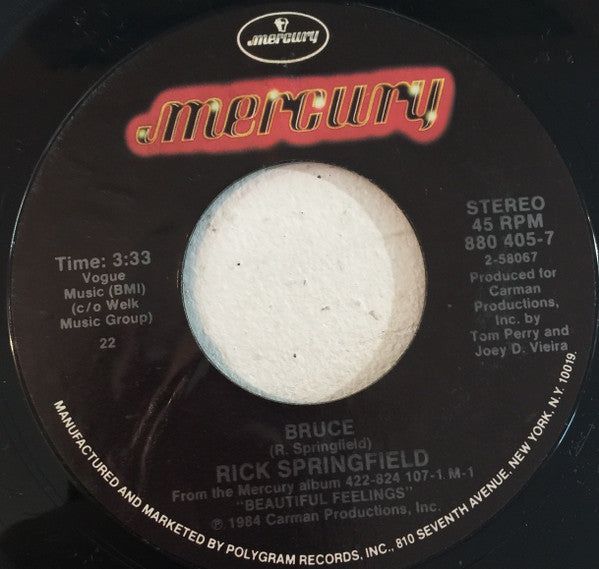 Rick Springfield : Bruce (7", Single, Styrene, 22)