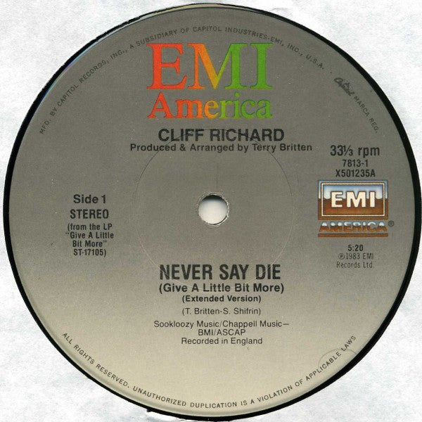 Cliff Richard : Never Say Die (Give A Little Bit More) / Front Page (12")