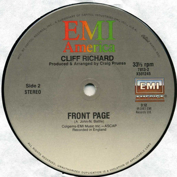 Cliff Richard : Never Say Die (Give A Little Bit More) / Front Page (12")