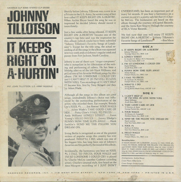 Johnny Tillotson : It Keeps Right On A-Hurtin (LP, Album, Mono)