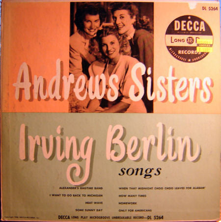 The Andrews Sisters : Irving Berlin Songs (10", Album)
