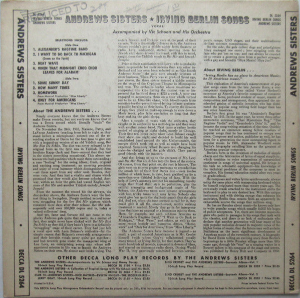 The Andrews Sisters : Irving Berlin Songs (10", Album)