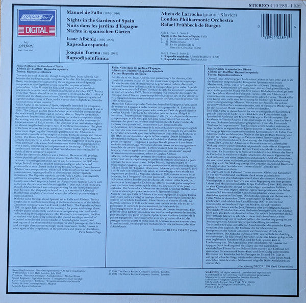 Falla* / Albéniz* / Turina*, Alicia De Larrocha, London Philharmonic Orchestra, Rafael Frühbeck De Burgos : Nights In The Gardens Of Spain = Nächte In Spanischen Gärten (LP)